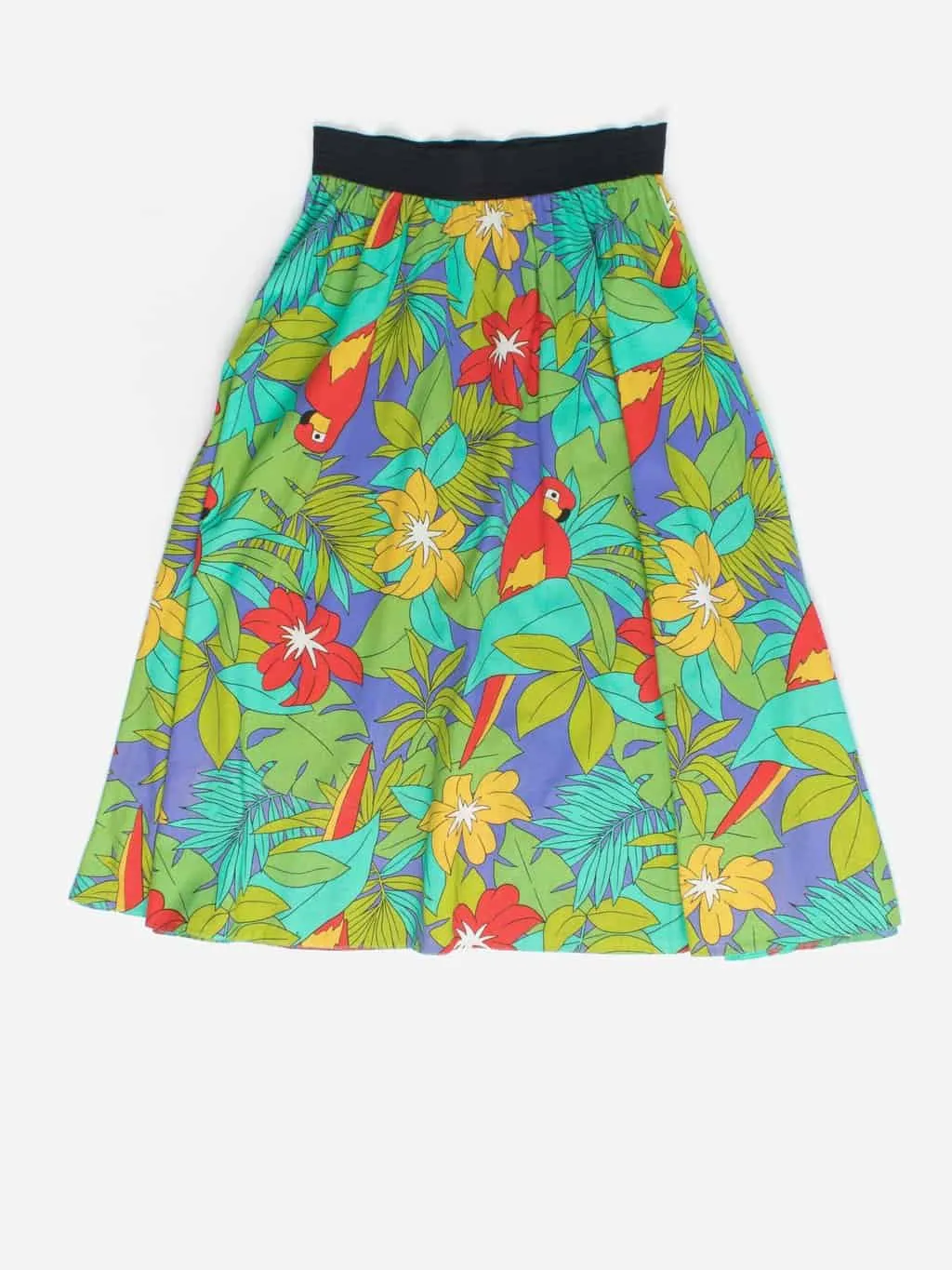 80s vintage parrot a-line skirt with bold print and elasticated waist – Medium / Large