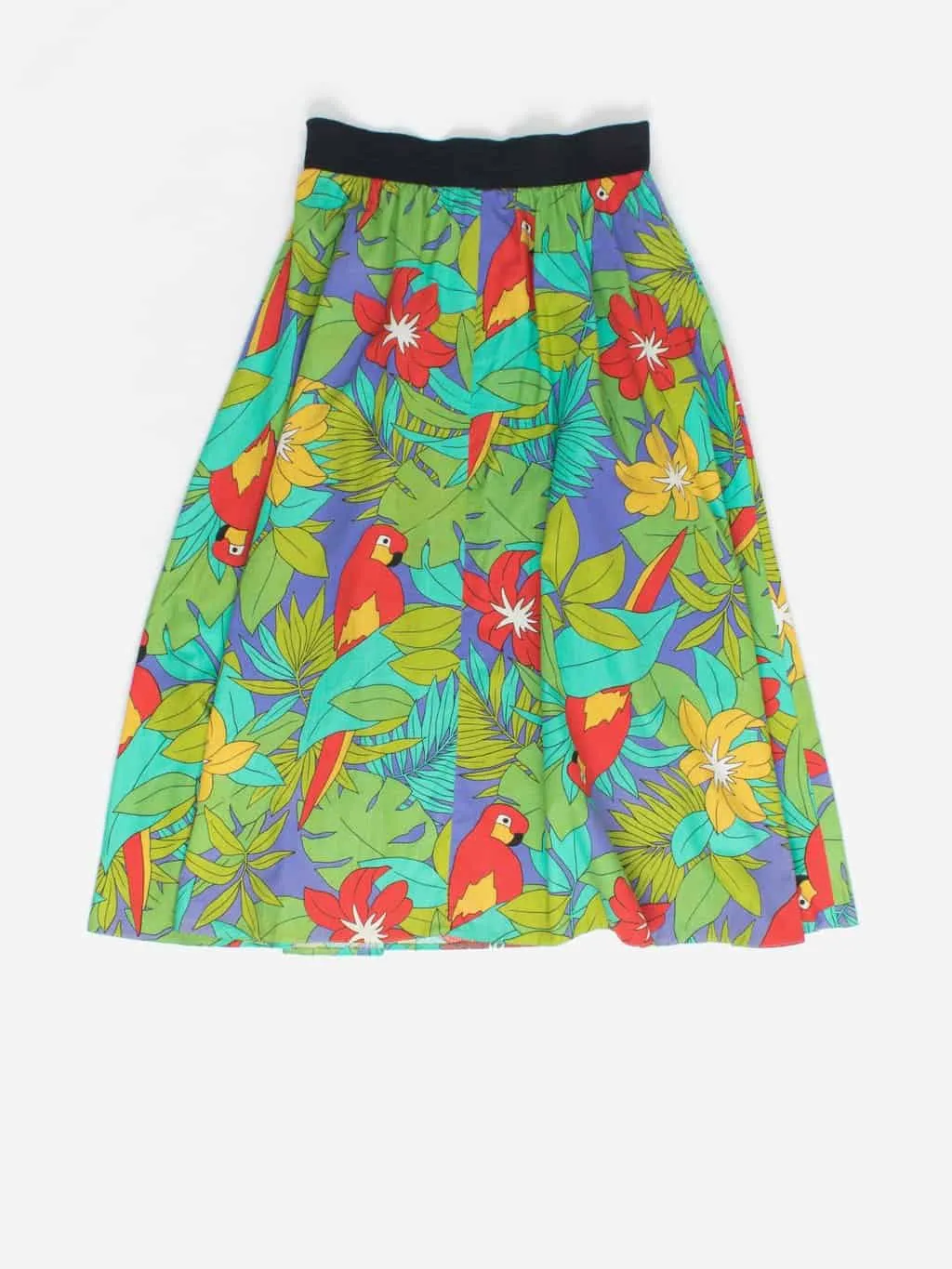 80s vintage parrot a-line skirt with bold print and elasticated waist – Medium / Large