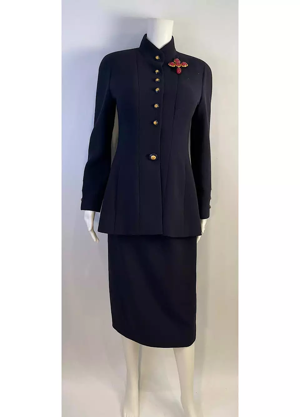 93P/93A 1993 Chanel Boutique Vintage Dark Navy Skirt Suit Set FR 36/38