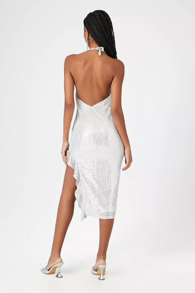 Asymmetrical Sequin Halter Midi Dress