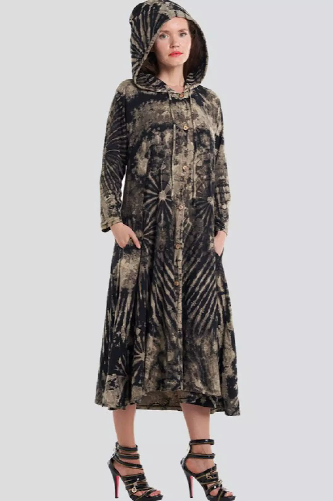 Black Beige Tie Dye Hoodie Dress Jacket