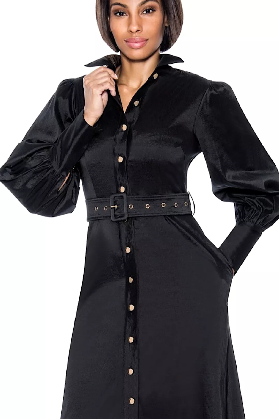 Black Gold Button Belted Dress