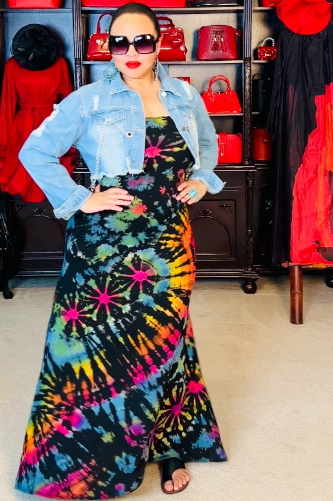 Black Rainbow Tie Dye Print Strapless Maxi Dress