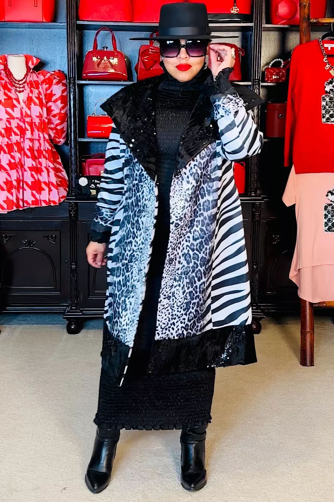 Black Sequin Animal Print Coat Dress