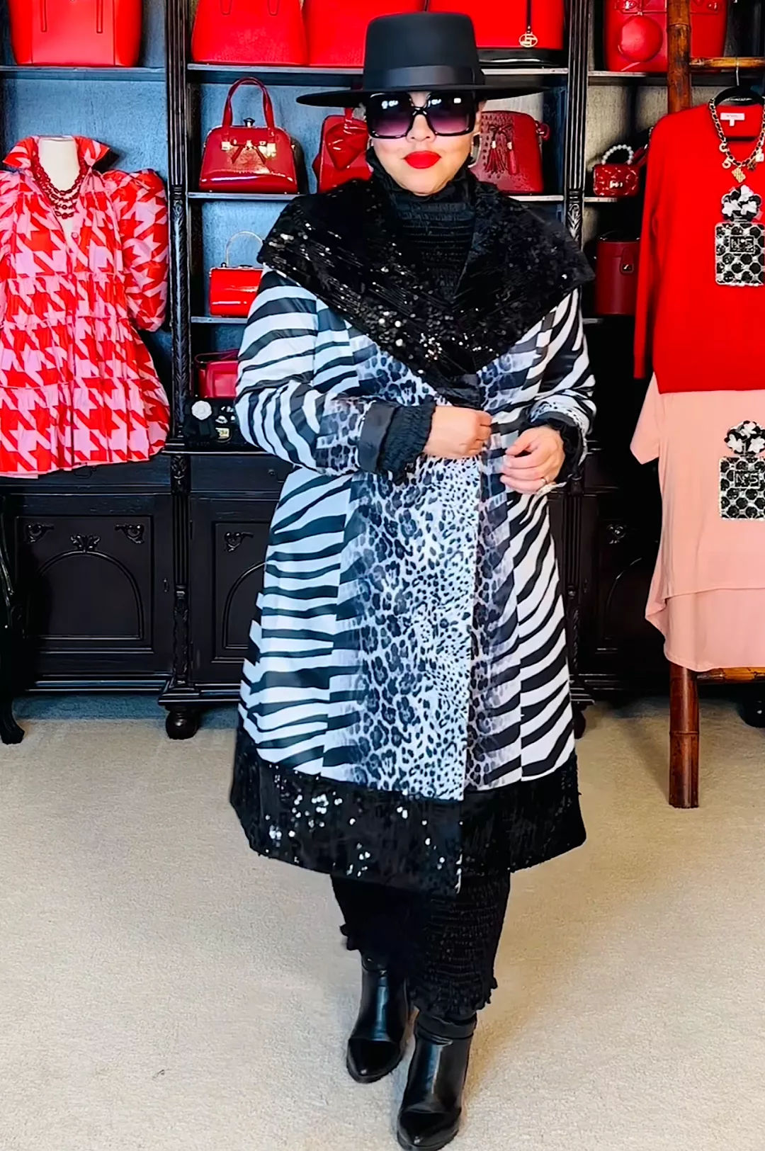 Black Sequin Animal Print Coat Dress