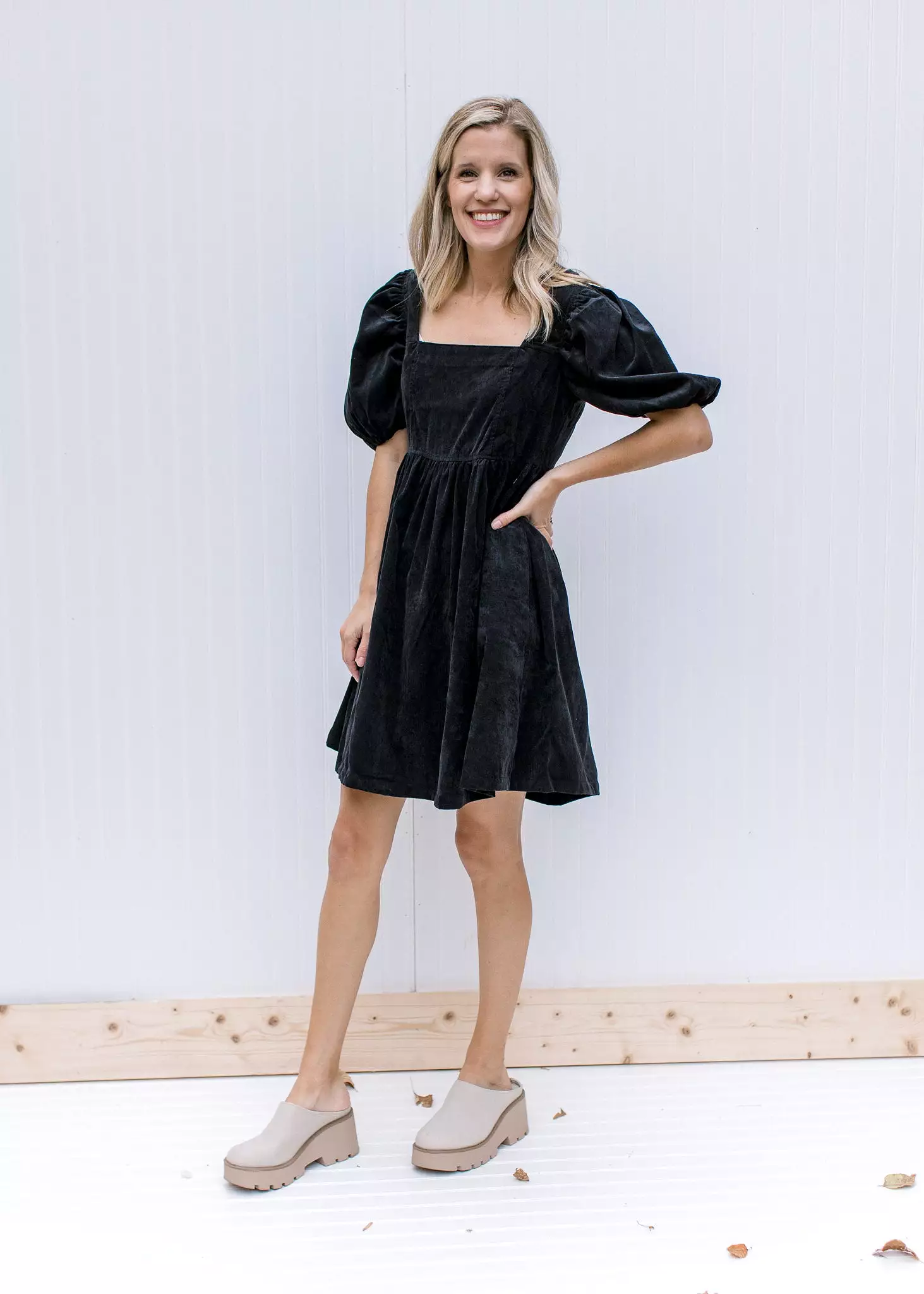 Black Square Neck Corduroy Dress