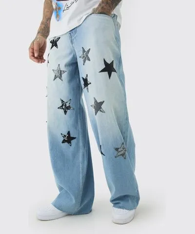 boohooMAN Mens Tall Star Applique Baggy Fit Jeans