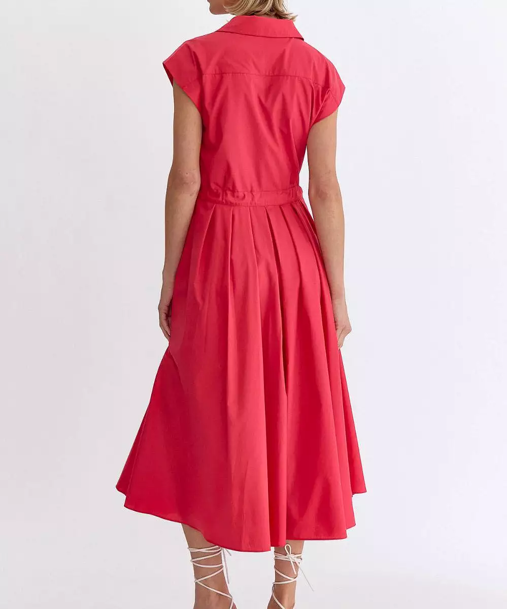 Button Down Cap Sleeve Midi Dress - Red