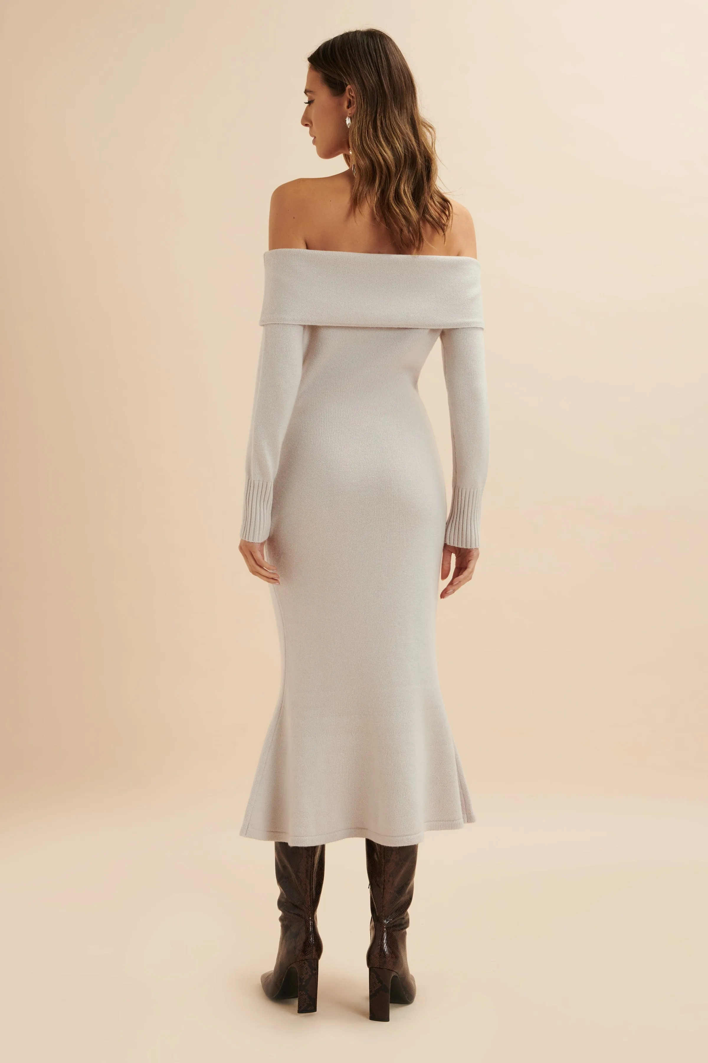 CLOVER Knitted Wool Bardot Midi Dress In Stone