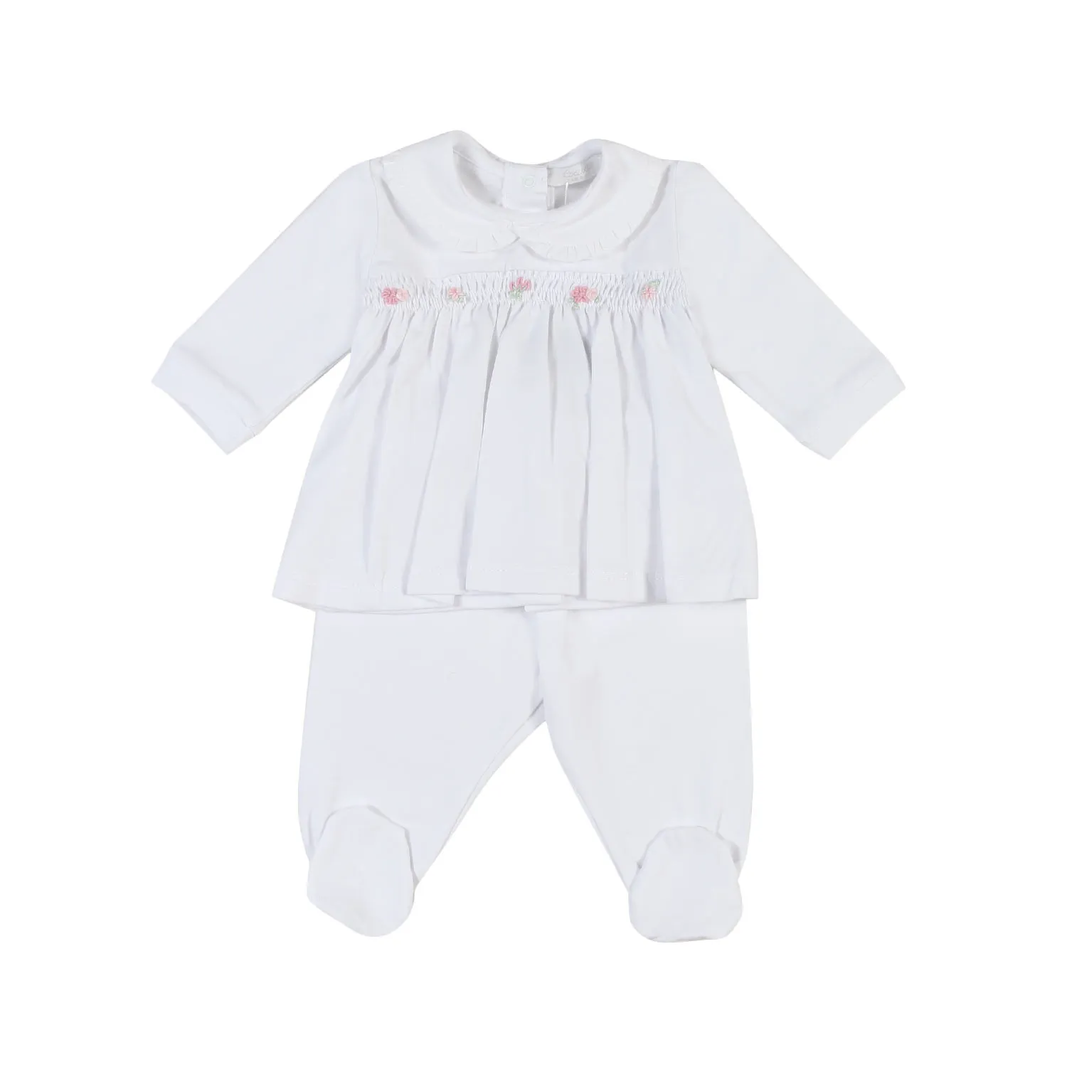 Coccode' White 2-Piece Romper With Embroidered Flowers For Baby Girls