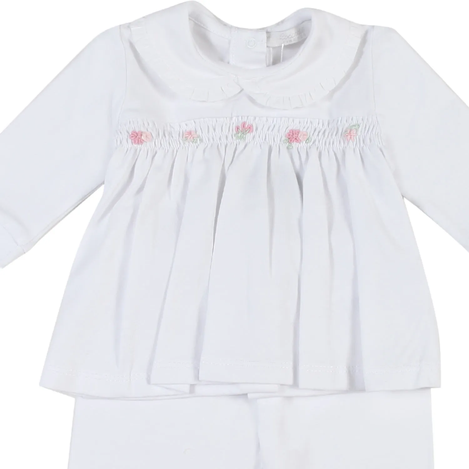 Coccode' White 2-Piece Romper With Embroidered Flowers For Baby Girls