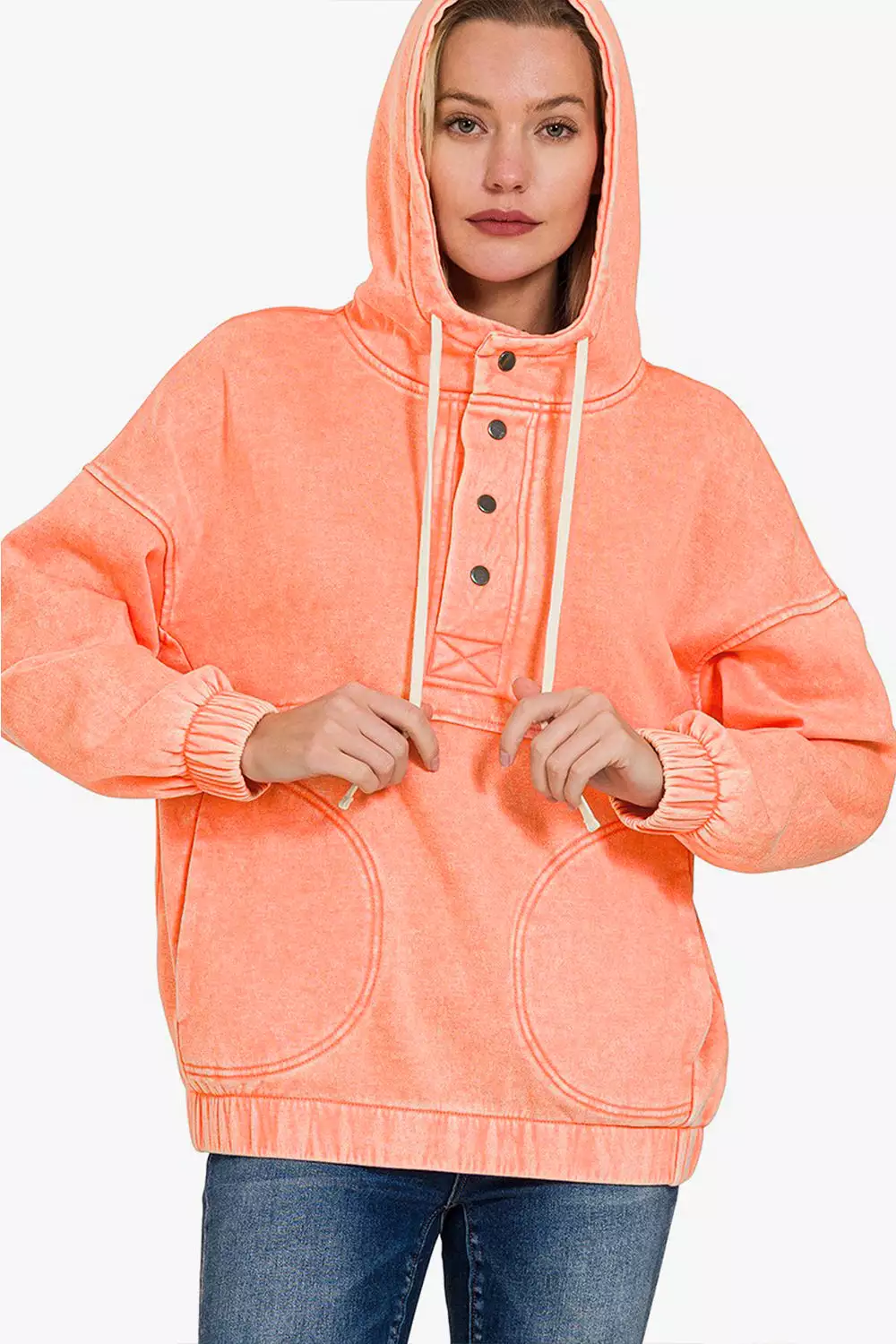 Coral Drawstring Half Snap Dropped Shoulder Hoodie