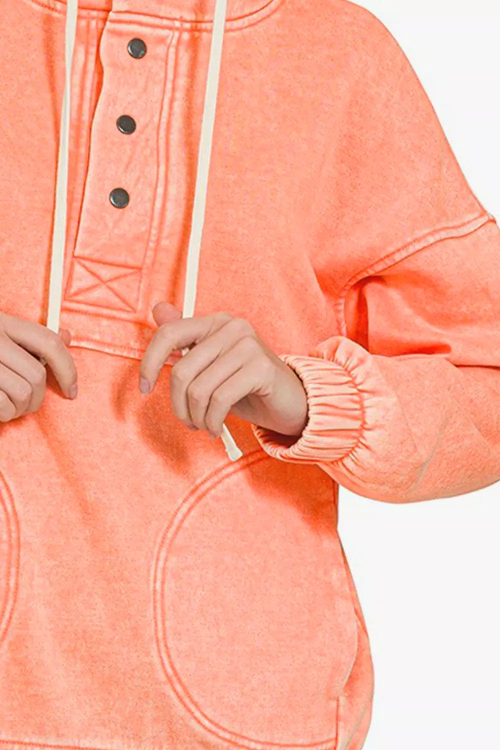 Coral Drawstring Half Snap Dropped Shoulder Hoodie