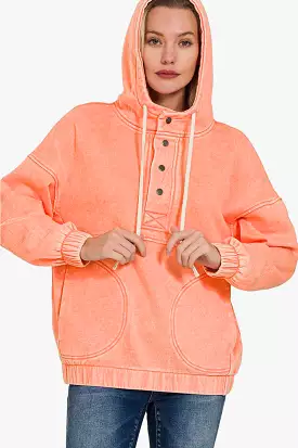 Coral Drawstring Half Snap Dropped Shoulder Hoodie