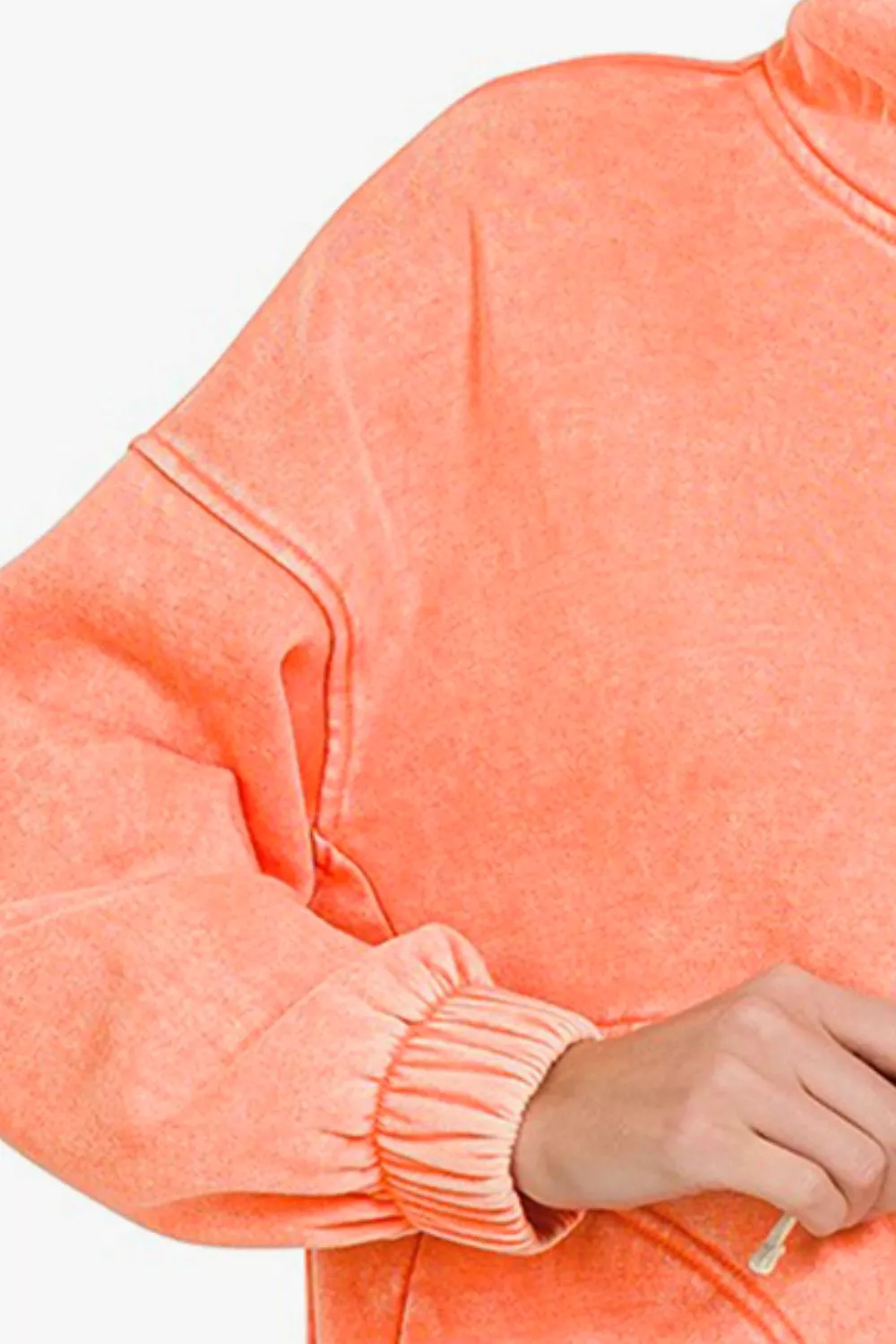 Coral Drawstring Half Snap Dropped Shoulder Hoodie