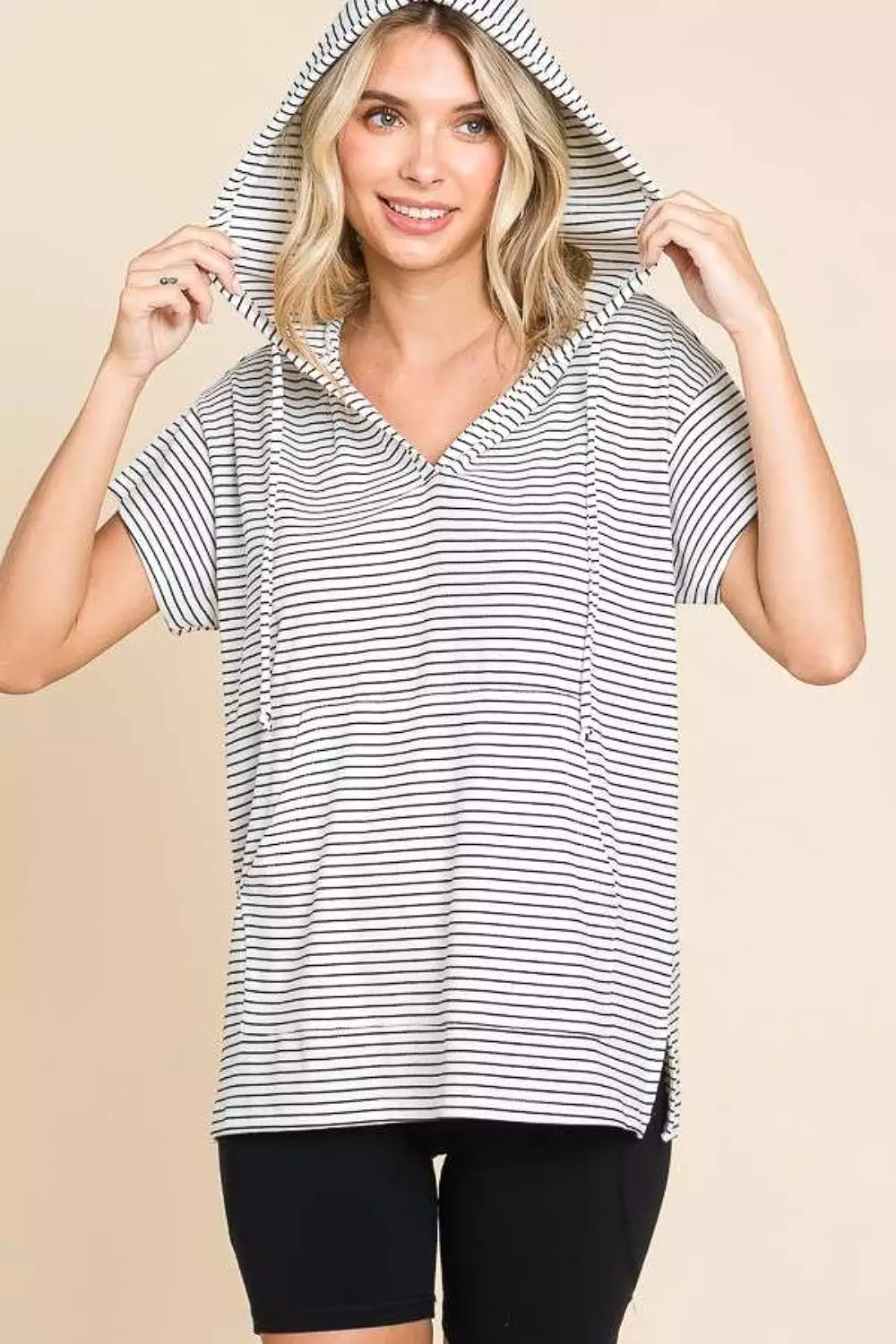 Culture Code Full Size Striped Short Sleeve Hooded Top