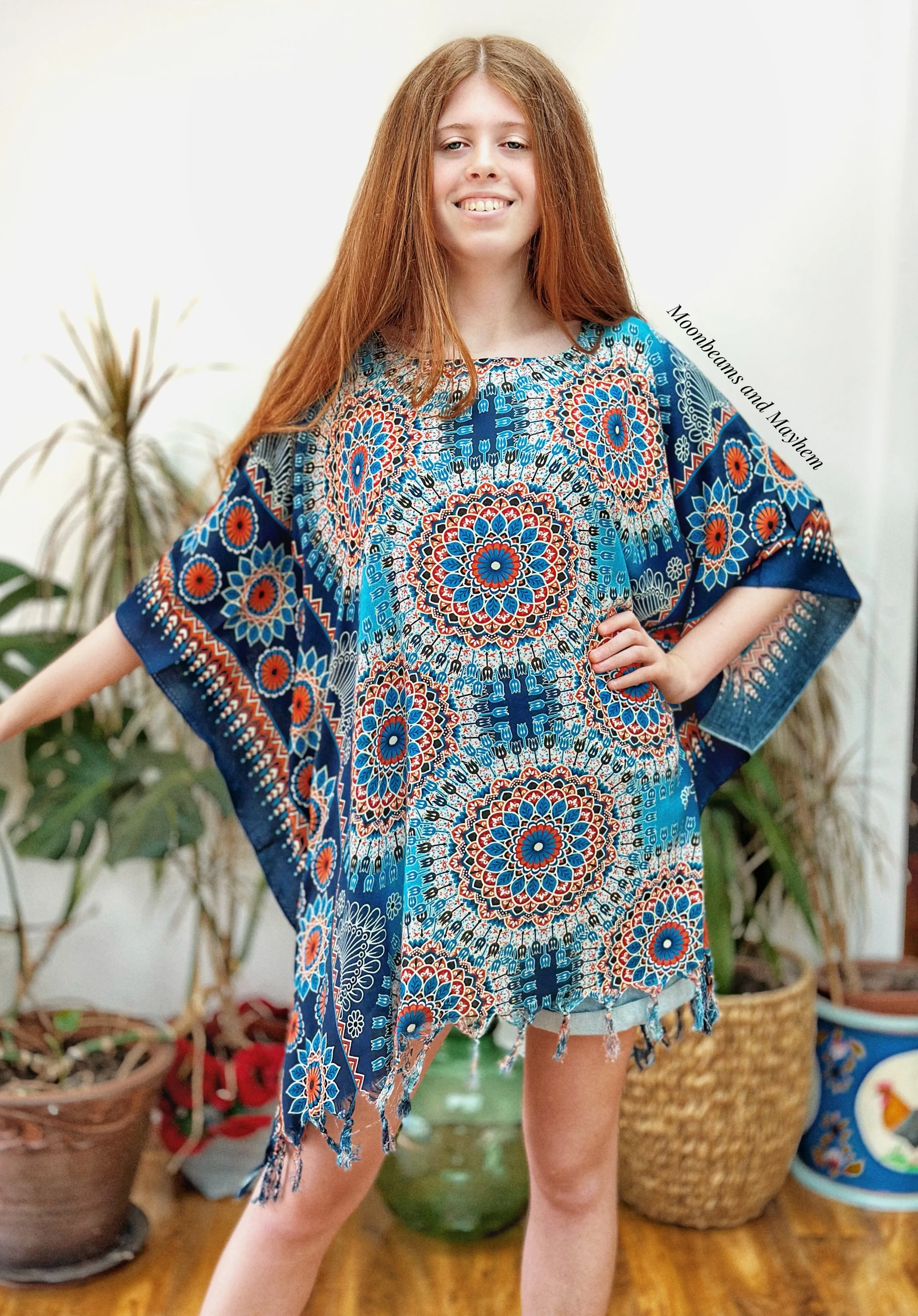 DELICIOUS BLUE MIX TASSELED KAFTAN / TUNIC  REG - 4XL