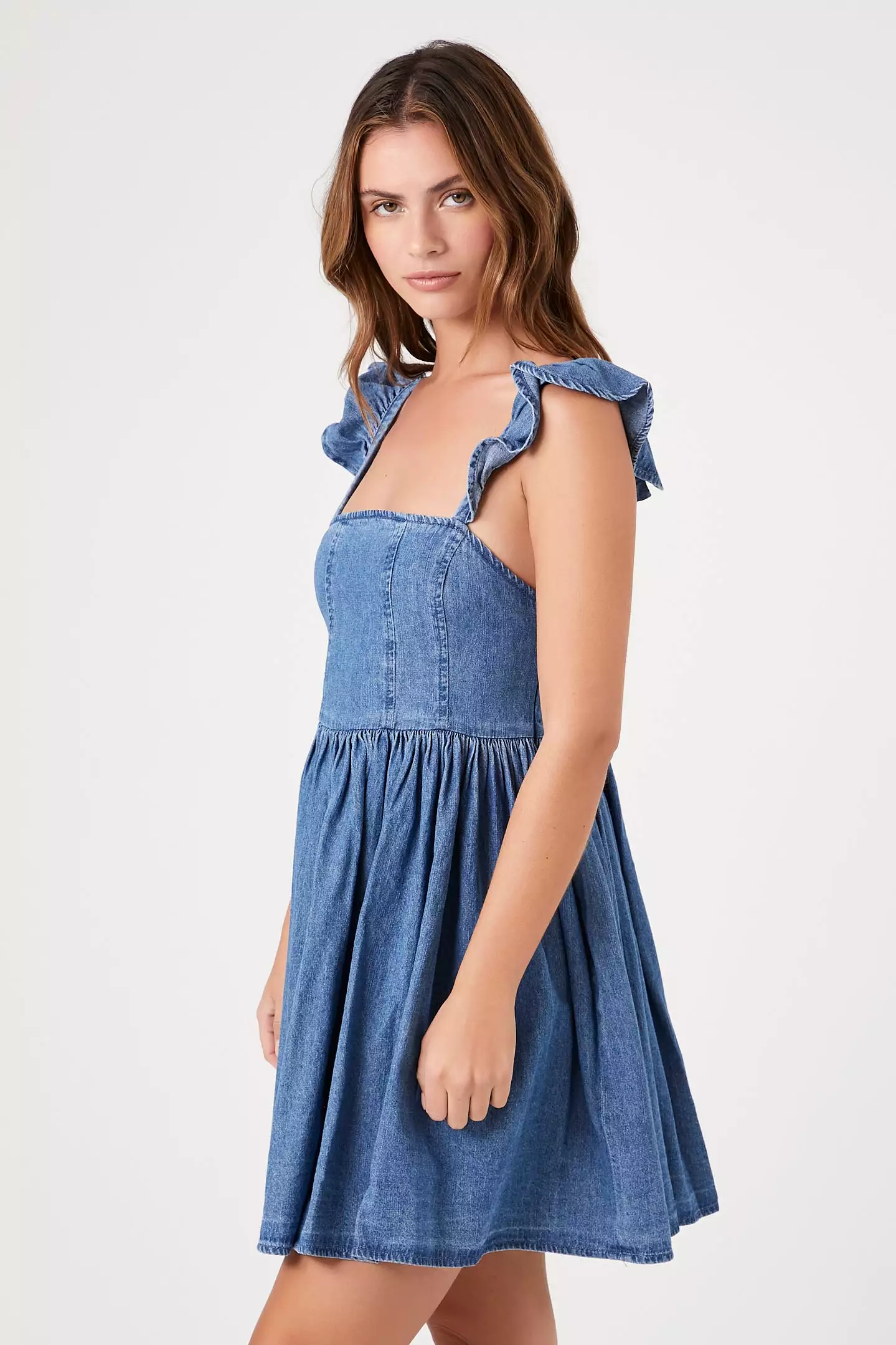 Denim Ruffle-Strap Mini Dress