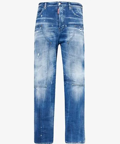 DSQUARED2 Mens Navy Blue Carpenter paint-splatter relaxed-fit tapered stretch-denim jeans