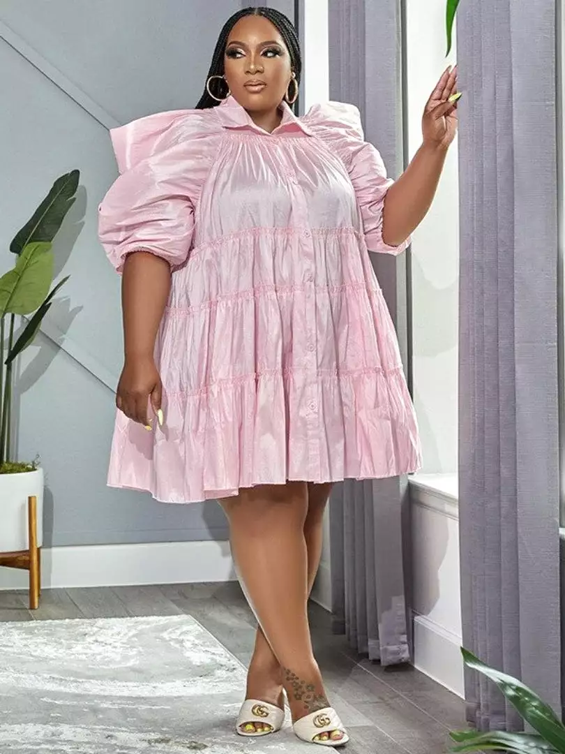 Elegant Dress Plus Size Puffy Sleeve 3-Tiered Button Up Collar Baby Doll Princess Dress in Pink 5XL Pleated Skirt Fashion