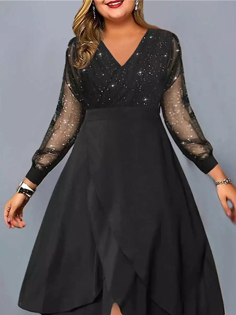 Elegant Plus Size Black Maxi Dress with Mesh V-Neck Ruffle