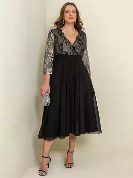 Floral Black Lace Plus Size Maxi Dress with V-Neck and Dolman Sleeves