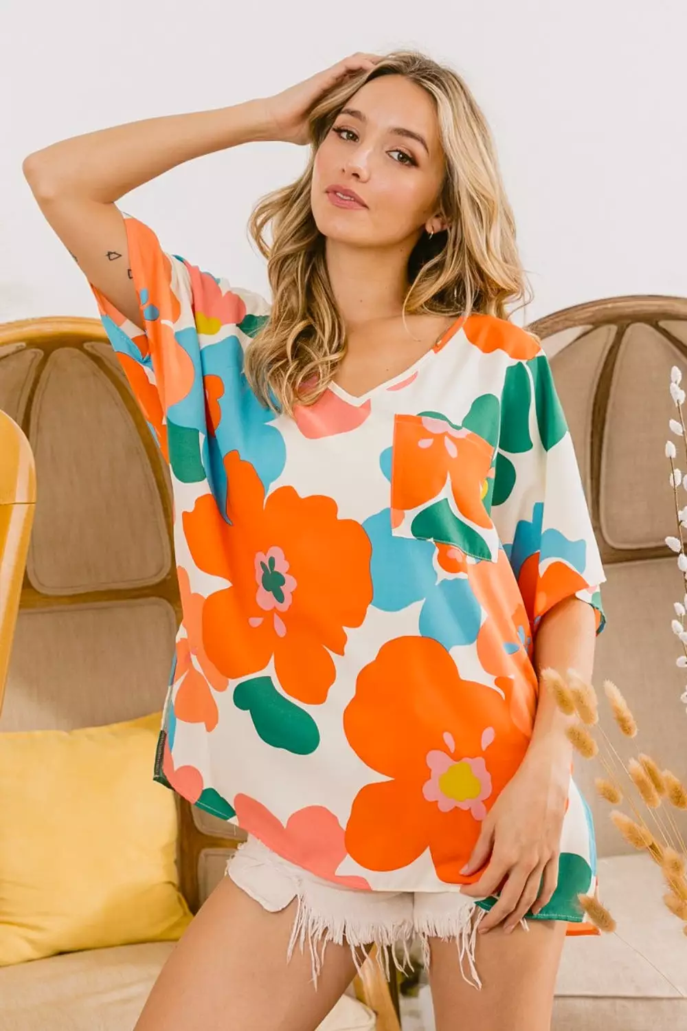 Floral V-Neck Slit Side T-Shirt