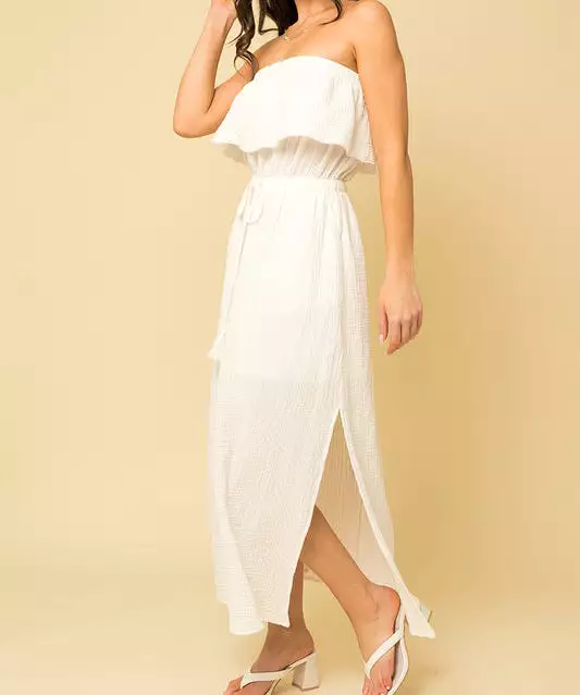 Frayed Ruffle Tube Maxi Dress - White