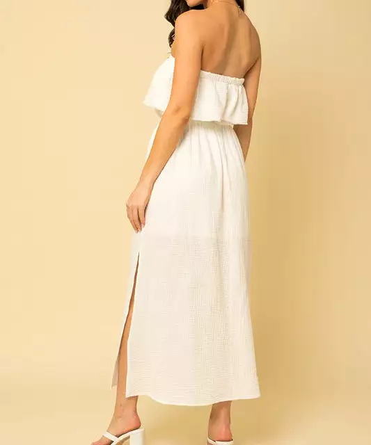 Frayed Ruffle Tube Maxi Dress - White