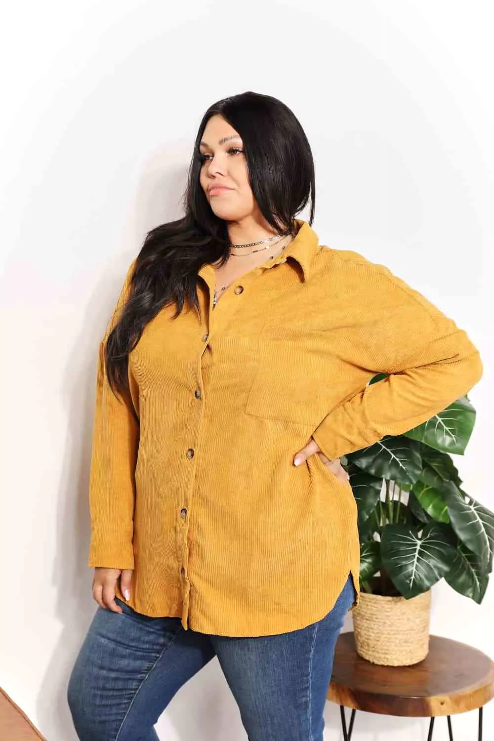 Full Size Oversized Corduroy Button-Down Tunic Shirt with Bust Pocket