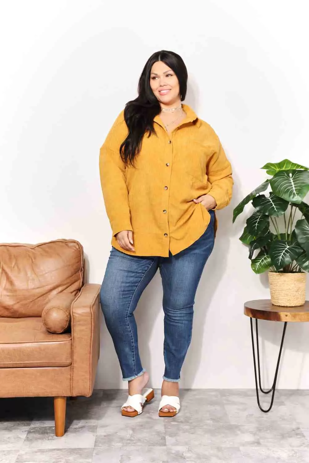 Full Size Oversized Corduroy Button-Down Tunic Shirt with Bust Pocket