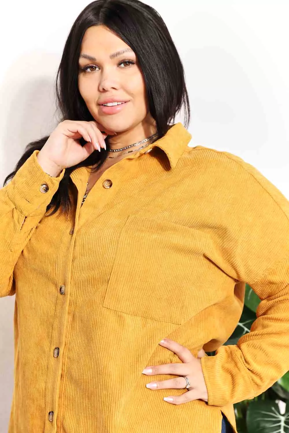 Full Size Oversized Corduroy Button-Down Tunic Shirt with Bust Pocket