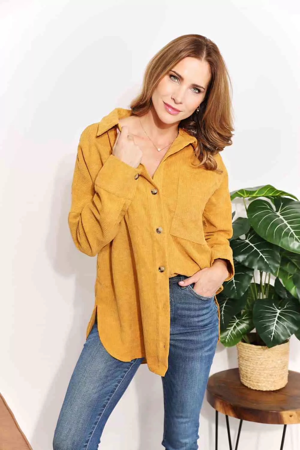 Full Size Oversized Corduroy Button-Down Tunic Shirt with Bust Pocket