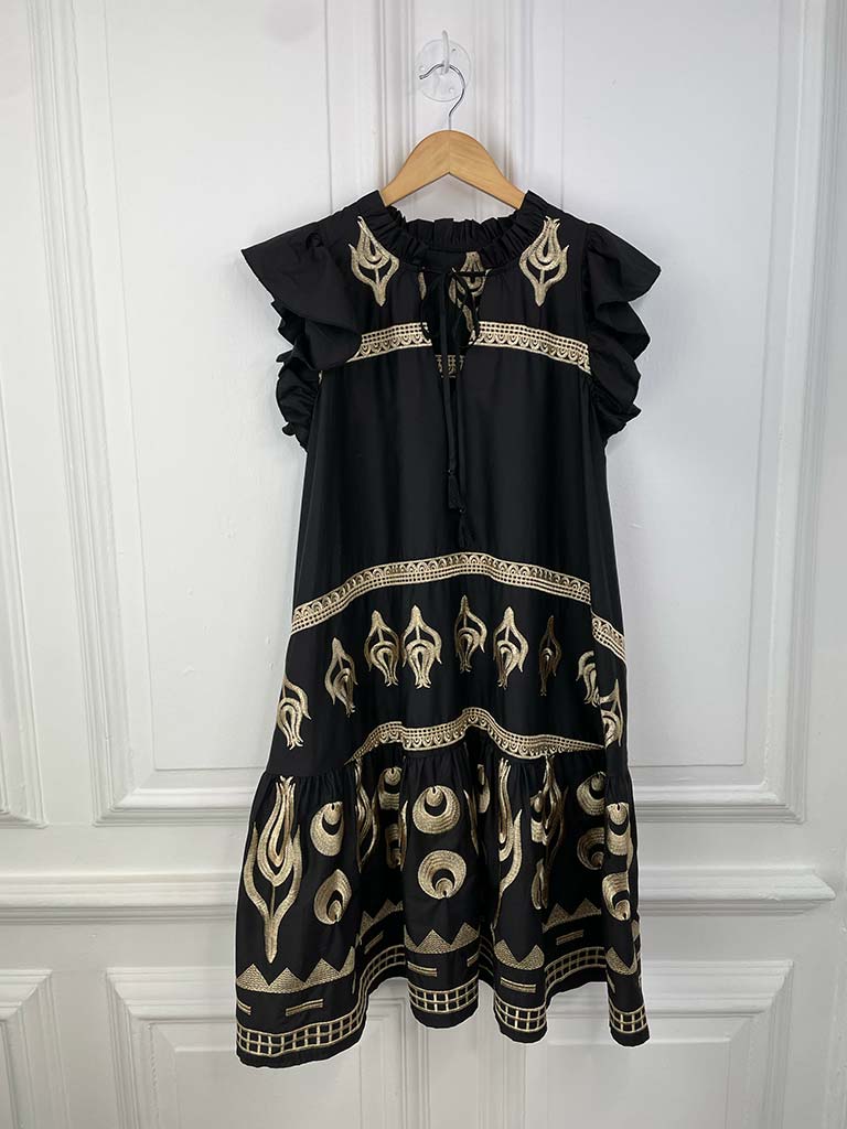 Gold Embroidered Tiered Tunic - Black