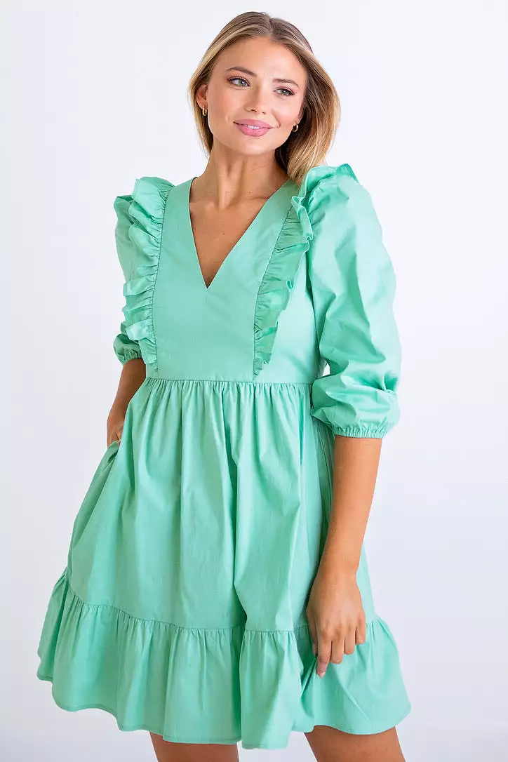 Green Poplin Ruffle Tier Dress