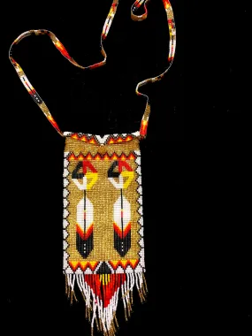 Guatemalan handcrafted glass bead shoulder bag, approximately 4” x 7” with a 32 inch strap. The bags are decorated on both sides