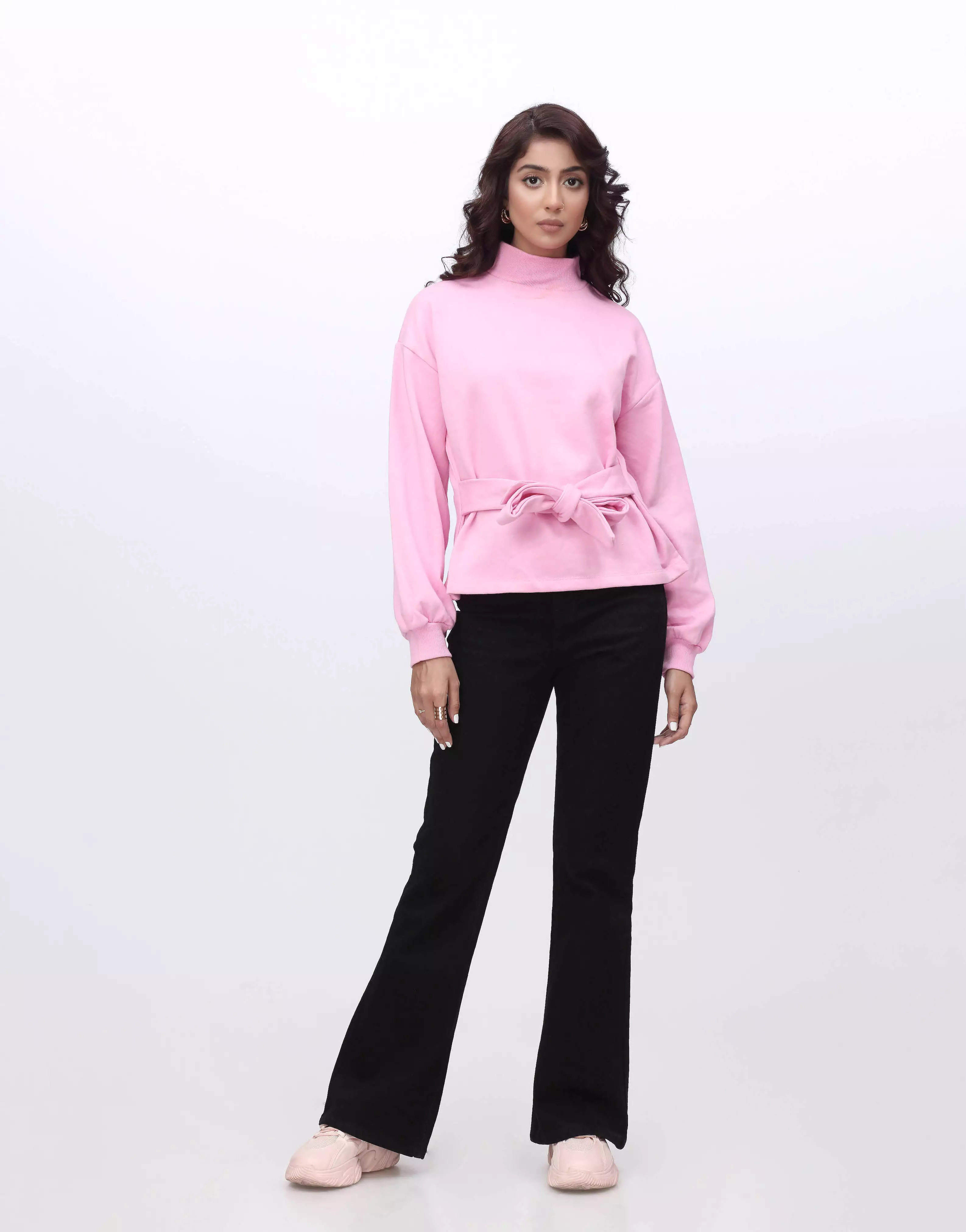 High Neck Full Sleeves Top with Belt-Pink