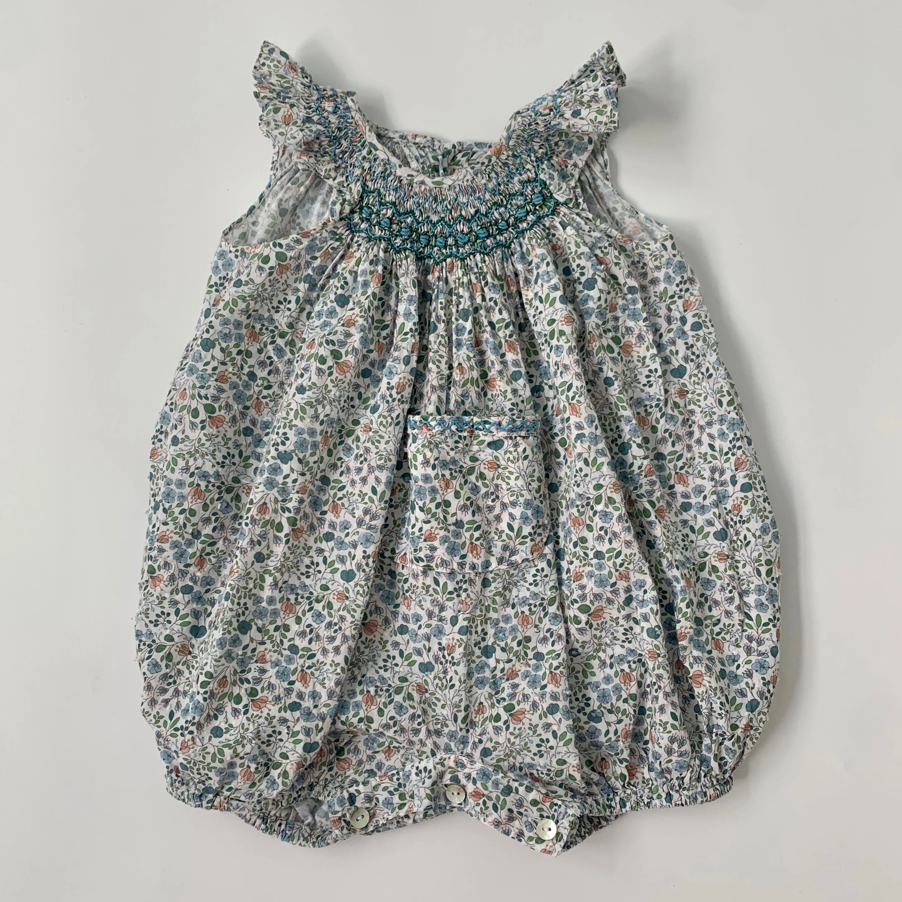 La Coqueta Blue Liberty Print Smocked Romper: 6 Months