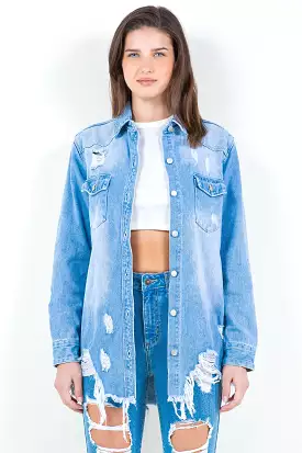 Light Blue Frayed Hem Distressed Denim Shirt Jacket