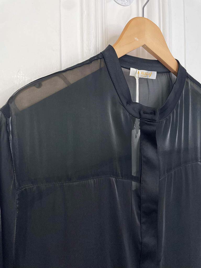 Malissa J Satin Pocket Sheer Shirt Dress - Black