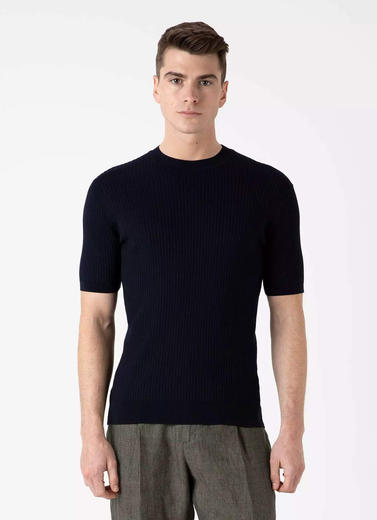 Men's Fine Rib Silk Cotton T-shirt in Navy