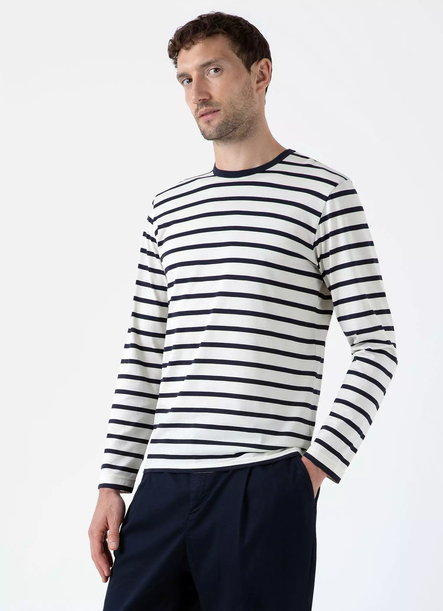 Men's Long Sleeve Classic T-shirt in Ecru/Navy Breton Stripe