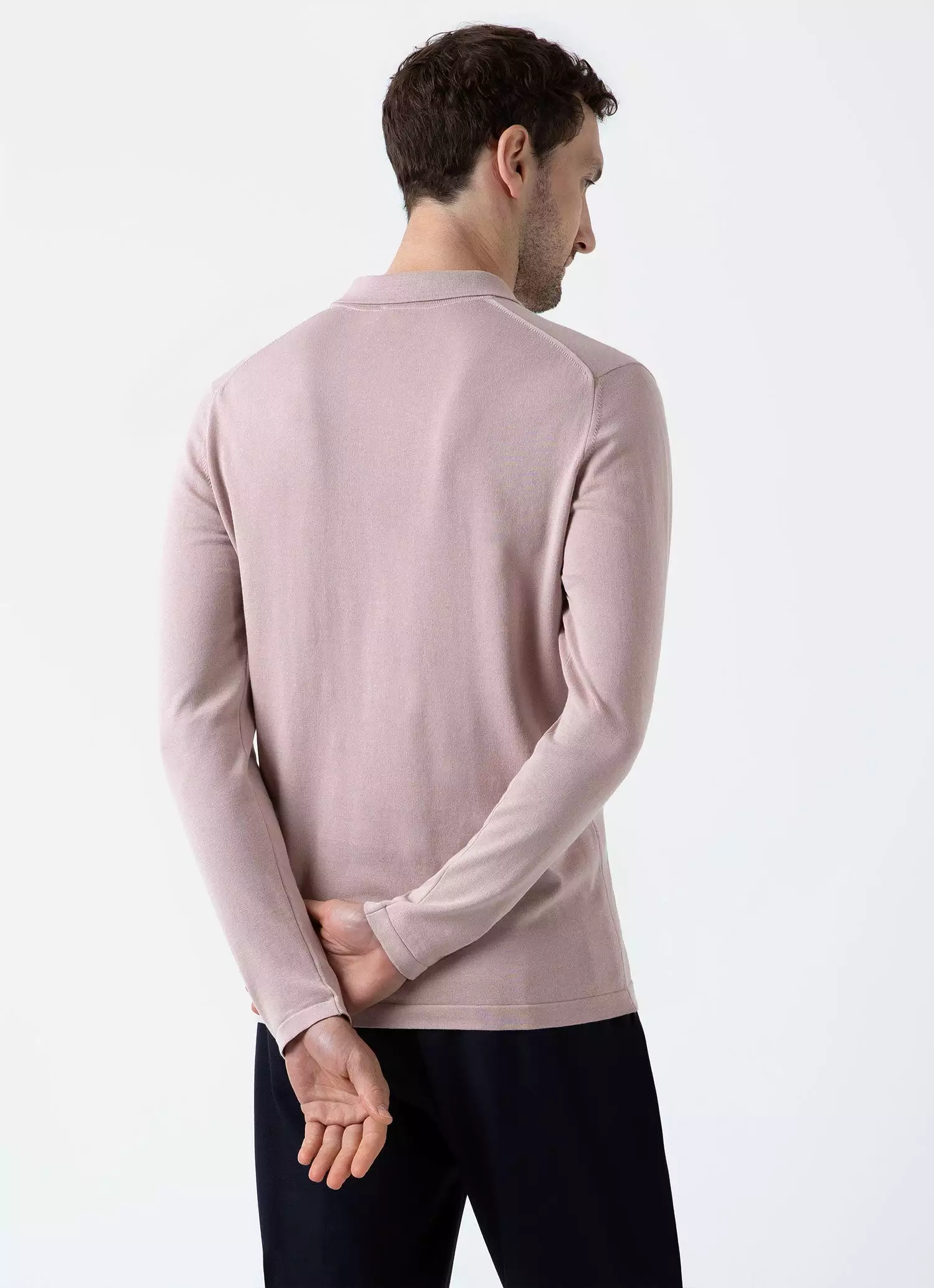 Men's Long Sleeve Sea Island Cotton Polo Shirt in Pale Pink