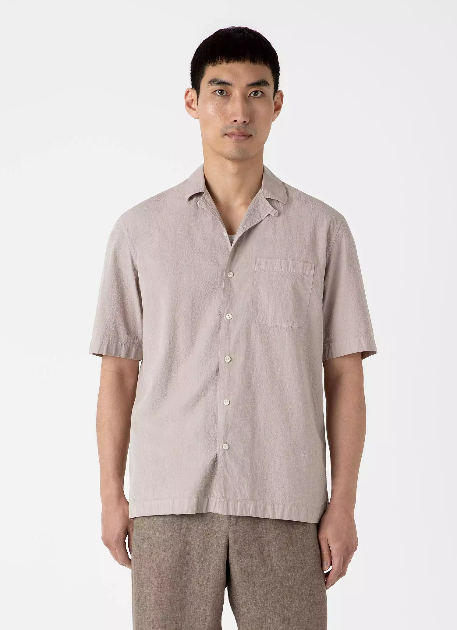 Men's Seersucker Camp Collar Shirt in Light Sand