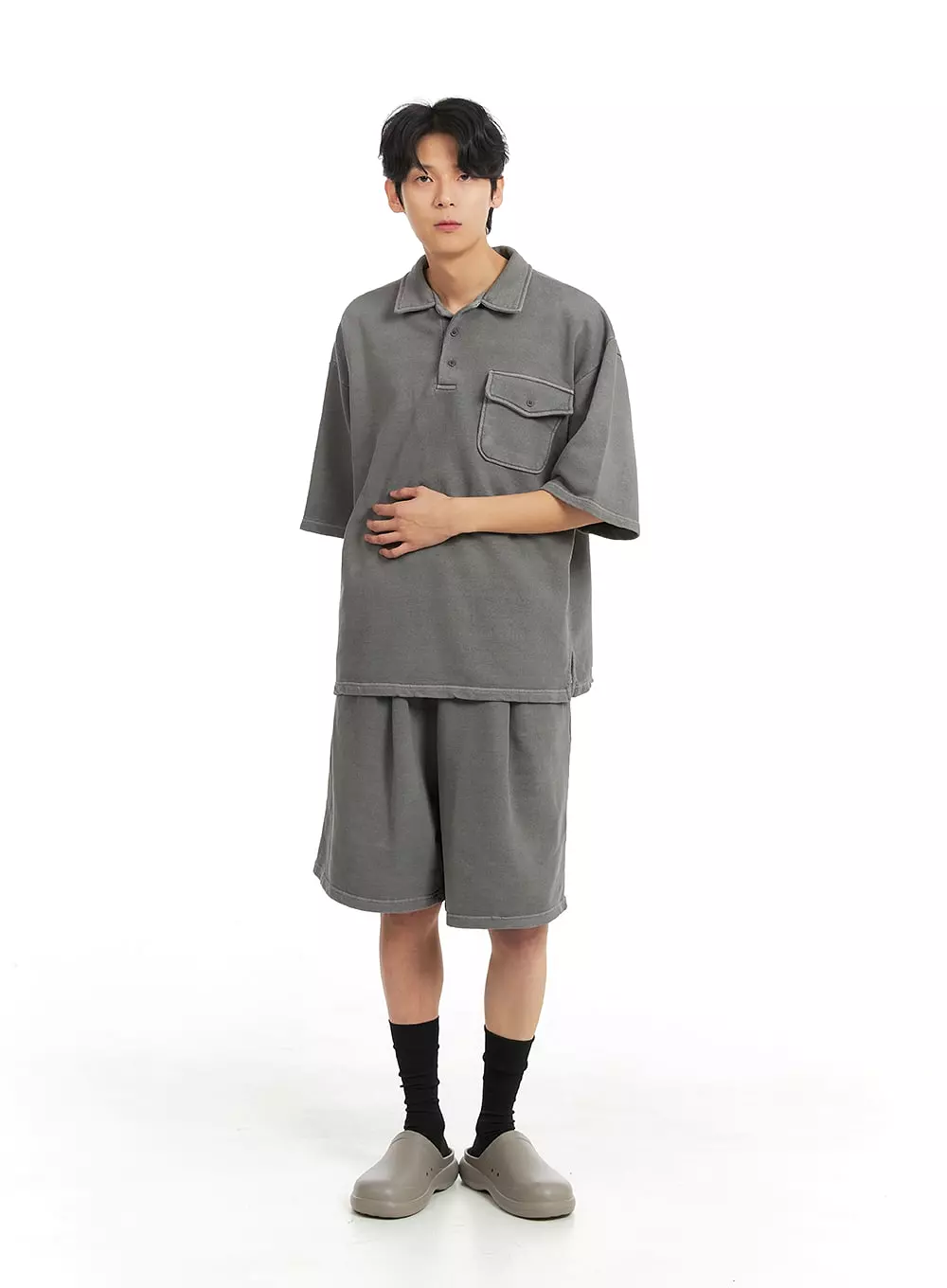 Men's Washed Oversized Cotton Collar T-Shirt IA401