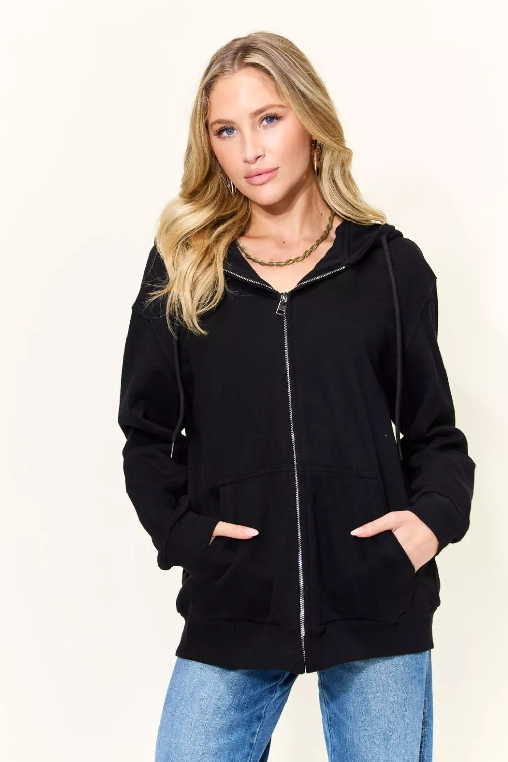 NOT IN THE MOOD Graphic Zip-Up Hoodie with Pockets