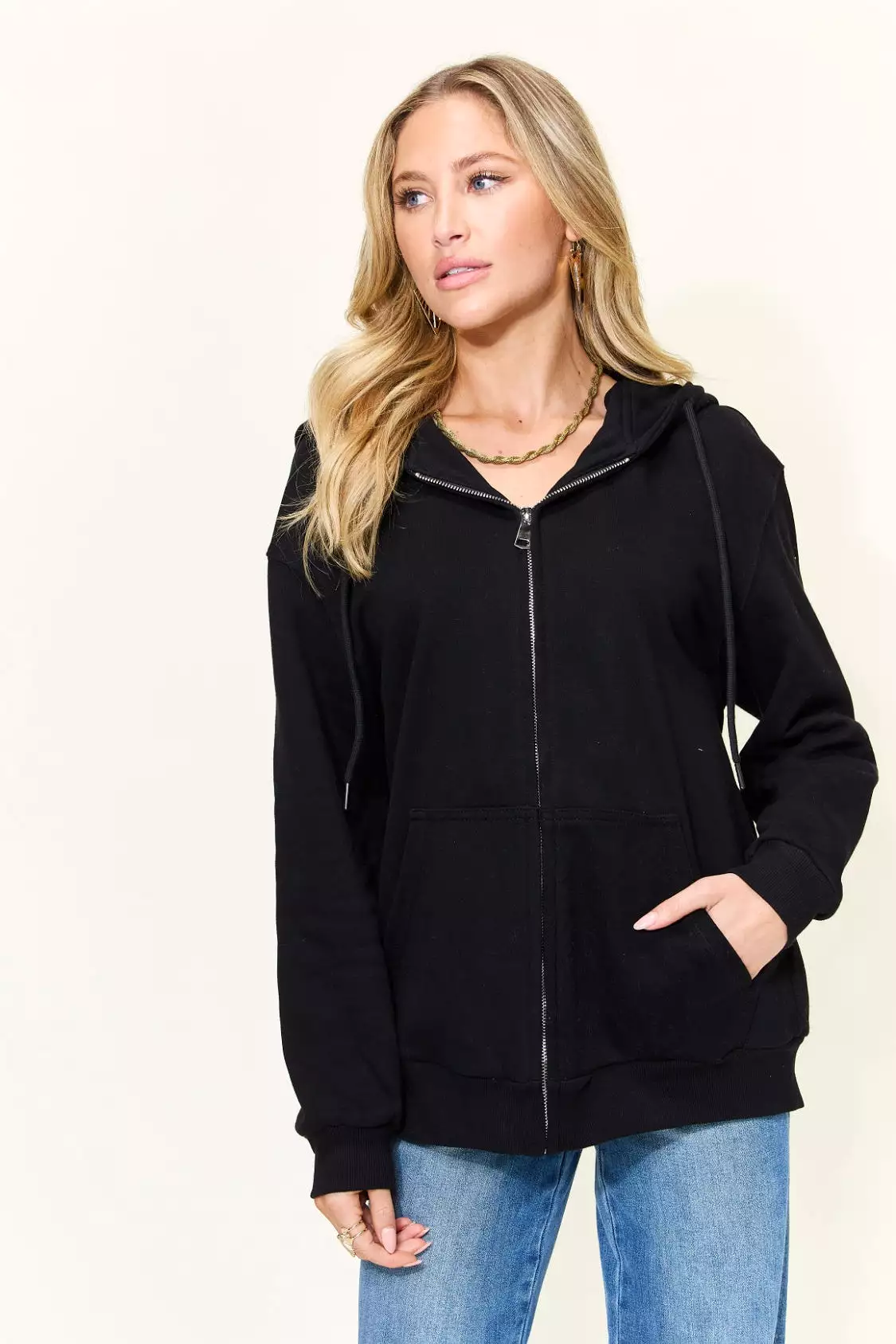 NOT IN THE MOOD Graphic Zip-Up Hoodie with Pockets