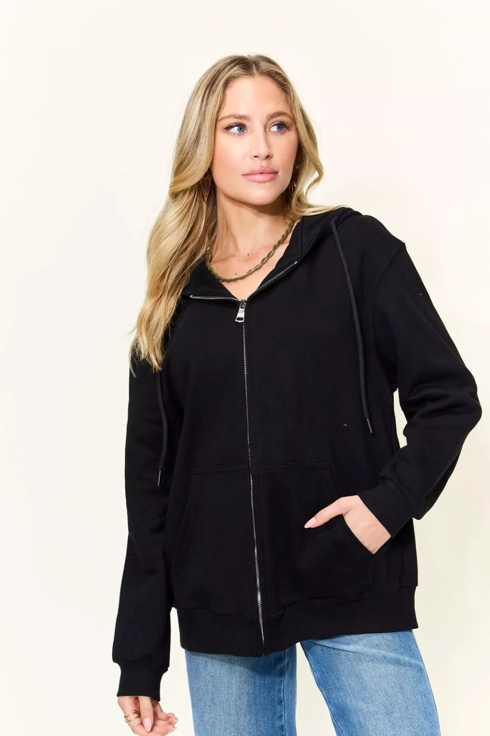 NOT IN THE MOOD Graphic Zip-Up Hoodie with Pockets