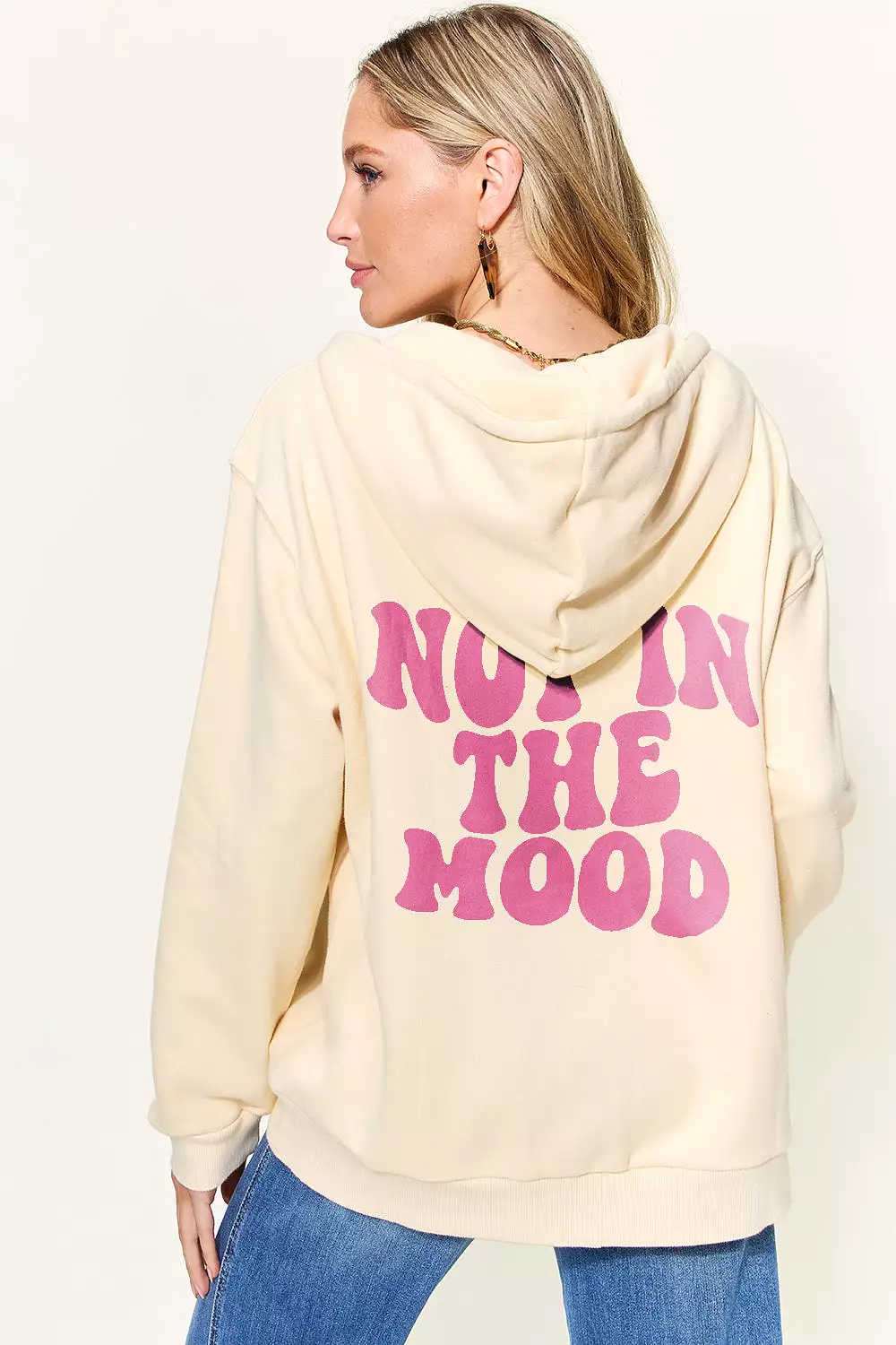 NOT IN THE MOOD Graphic Zip-Up Hoodie with Pockets