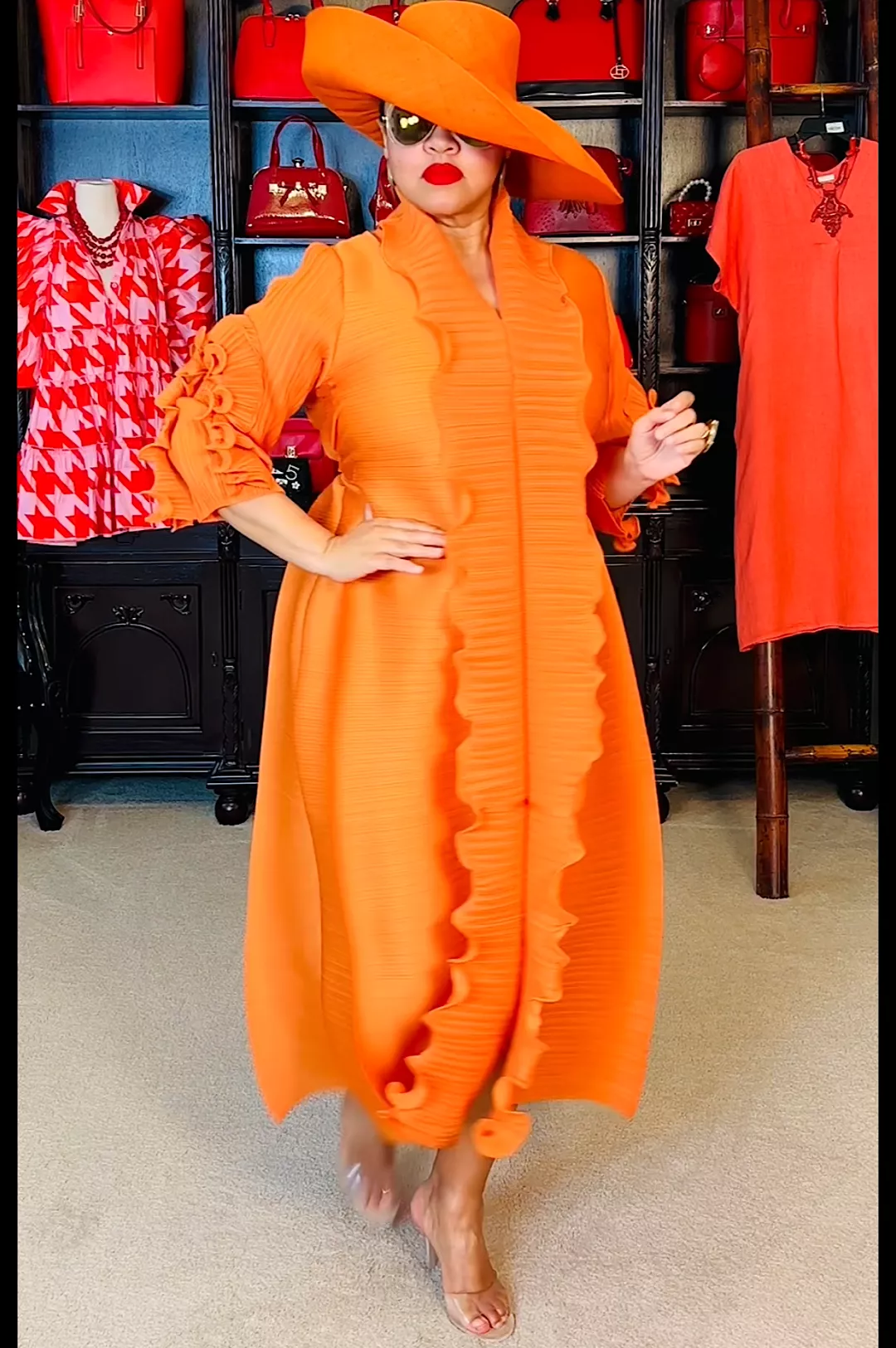 Orange Front Ruffle Long Dress